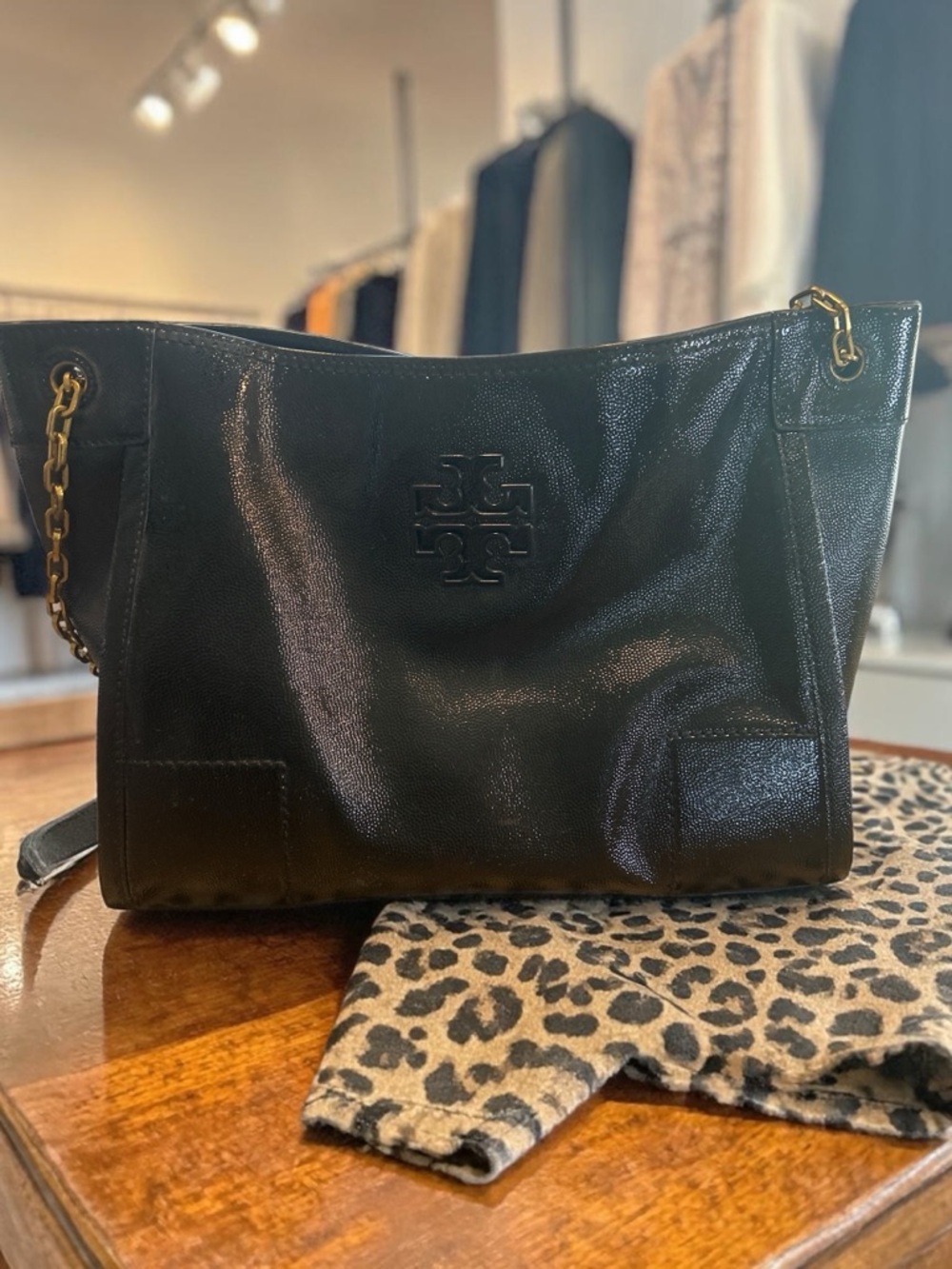 Tory Burch Britten Slouchy Patent Leather Shoulder Bag – Black w/ Chain Straps